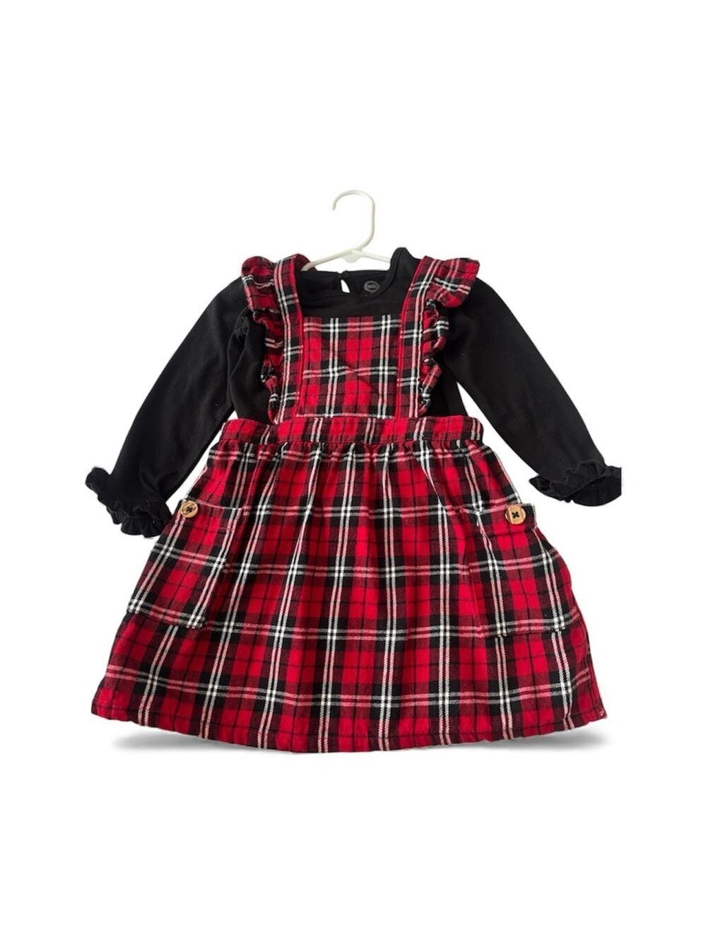 Red Plaid Pinafore Dress with Black Long Sleeve Top